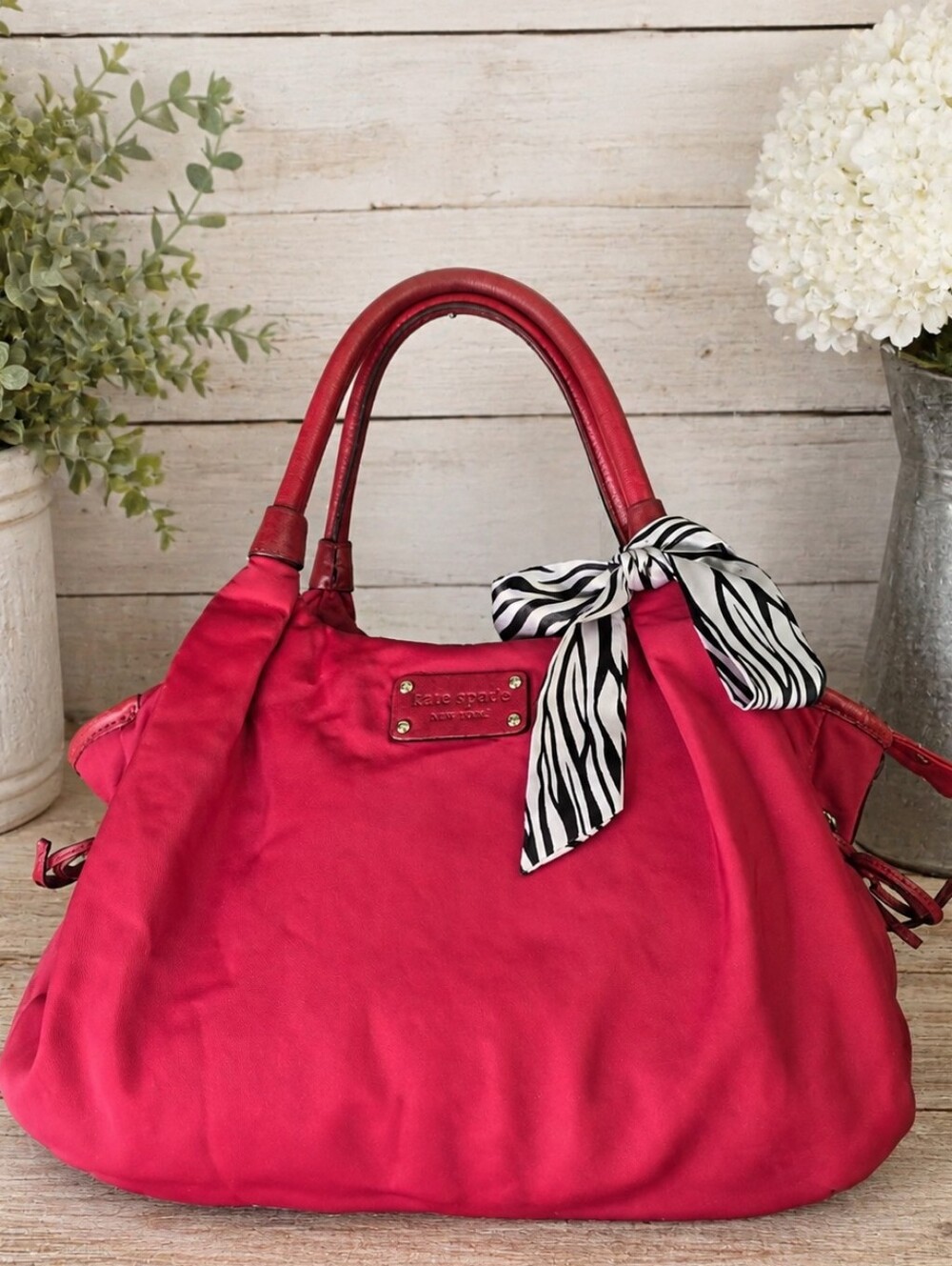 Kate Spade Red Nylon Leather Large Satchel Tote Zebra Scarf